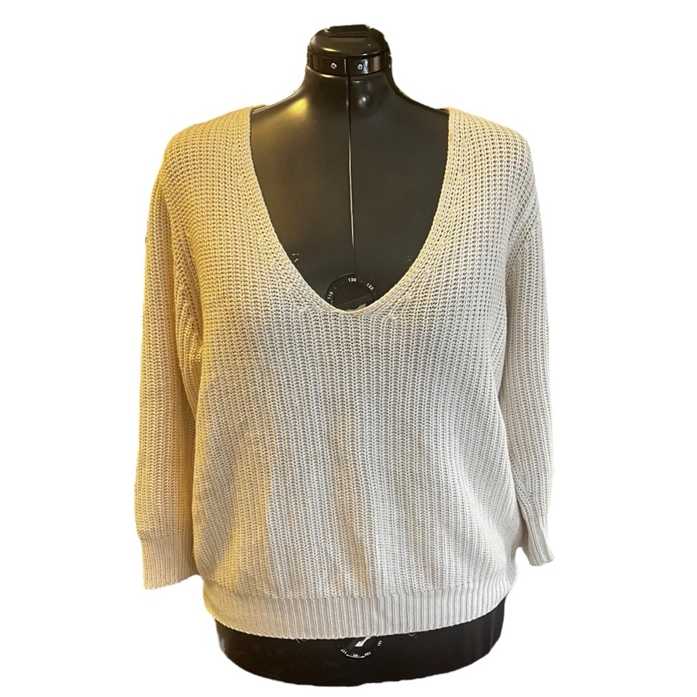 Women's LINE Lux Oversized Deep V-Neck Cotton Knit Sweater, L-XL, Cream
